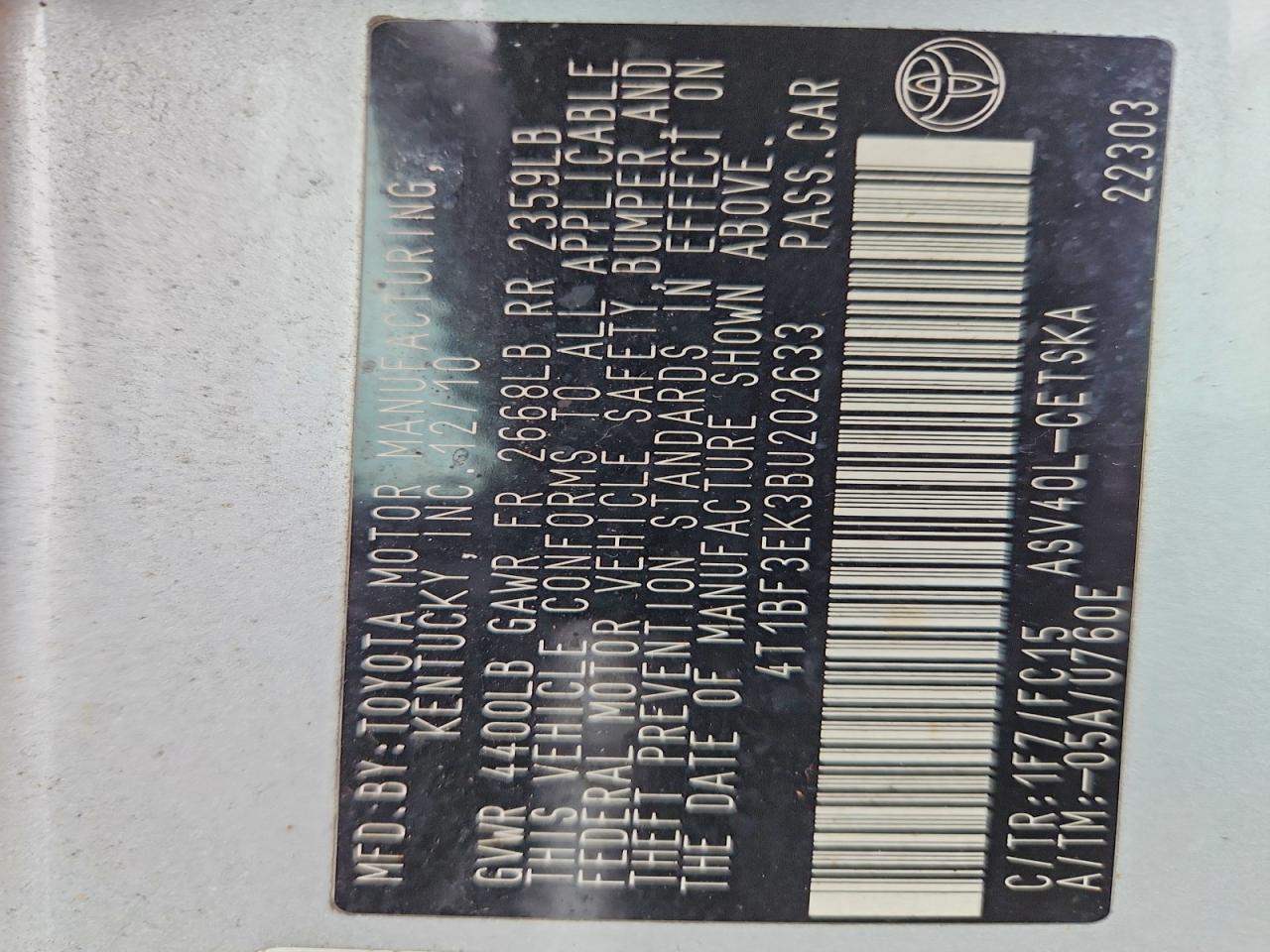 2011 TOYOTA CAMRY BASE photo 13