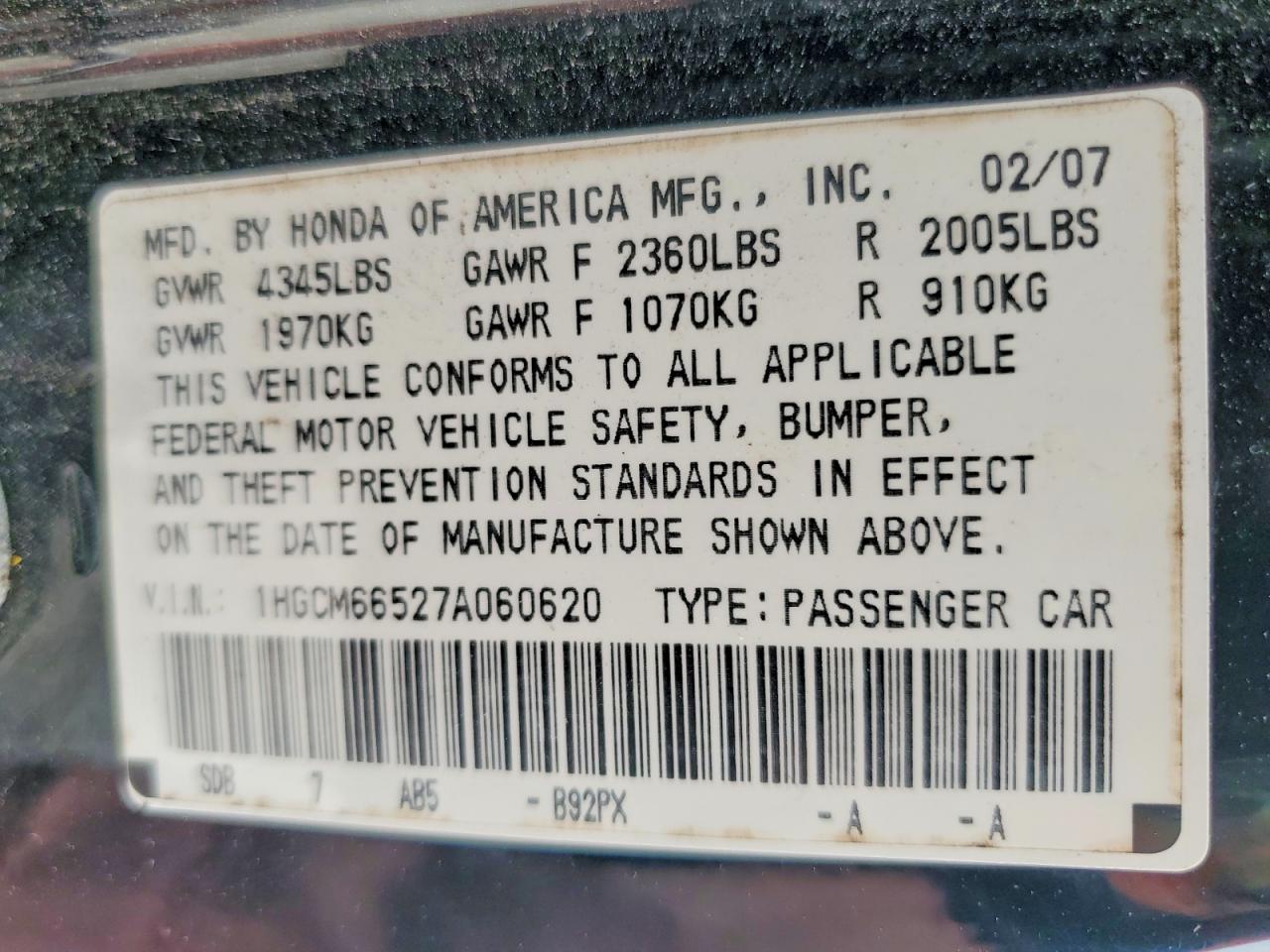 2007 HONDA ACCORD EX photo 23