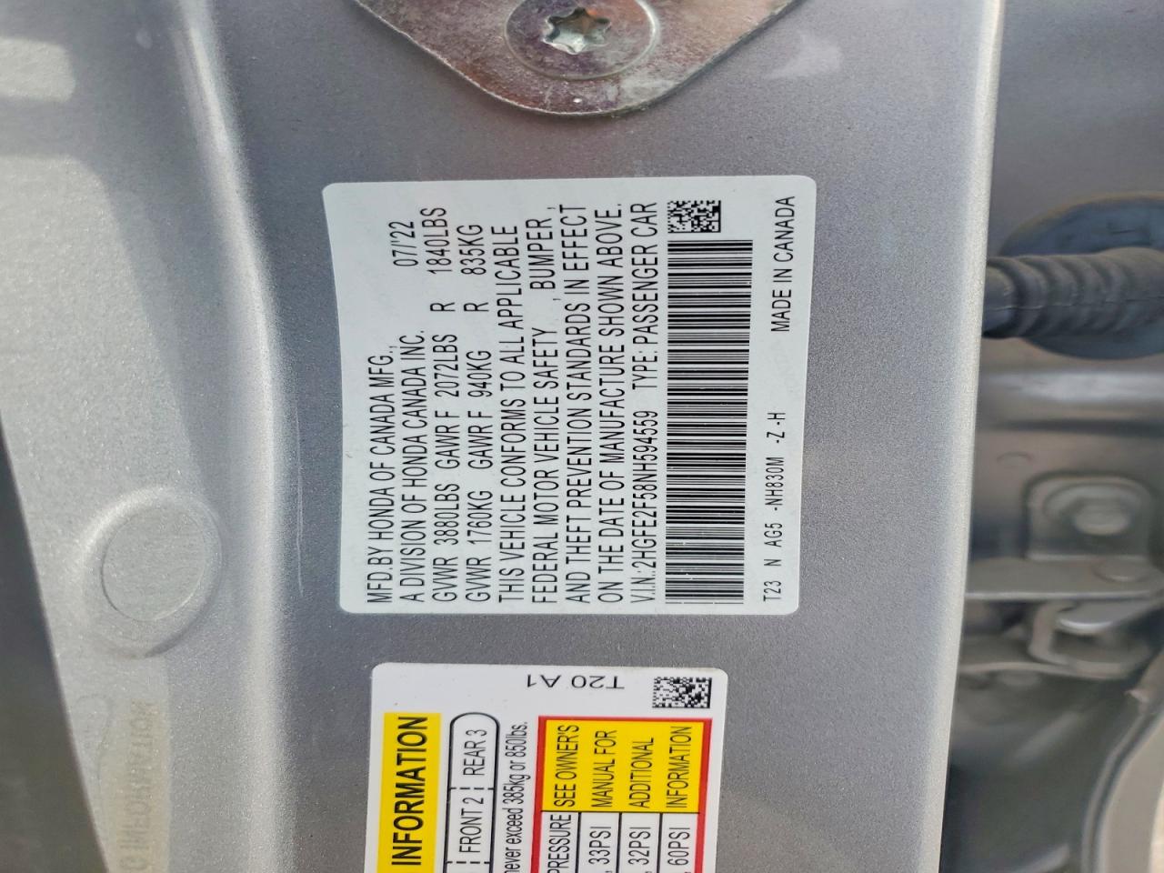 2022 HONDA CIVIC SPORT photo 12