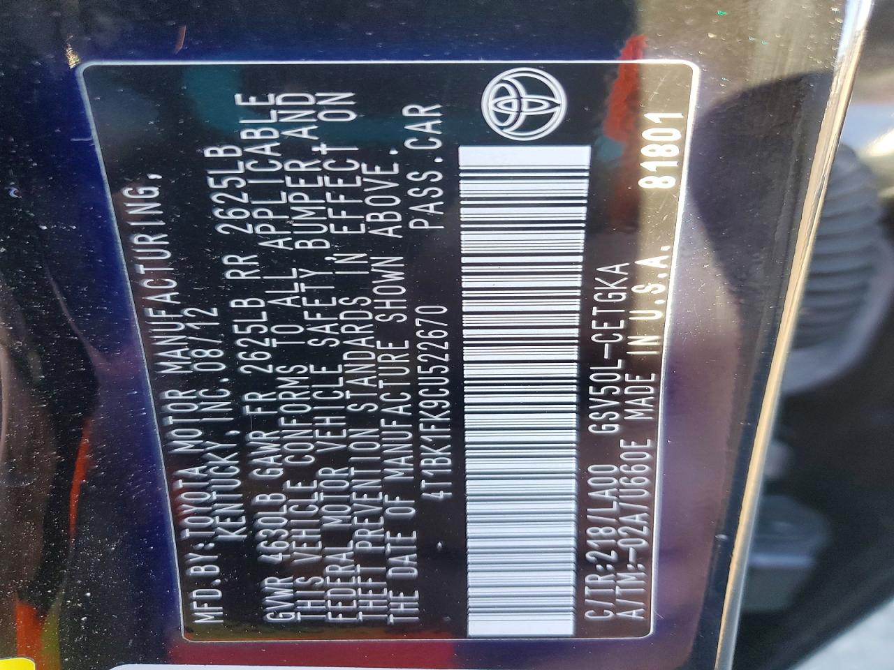 2012 TOYOTA CAMRY SE photo 12