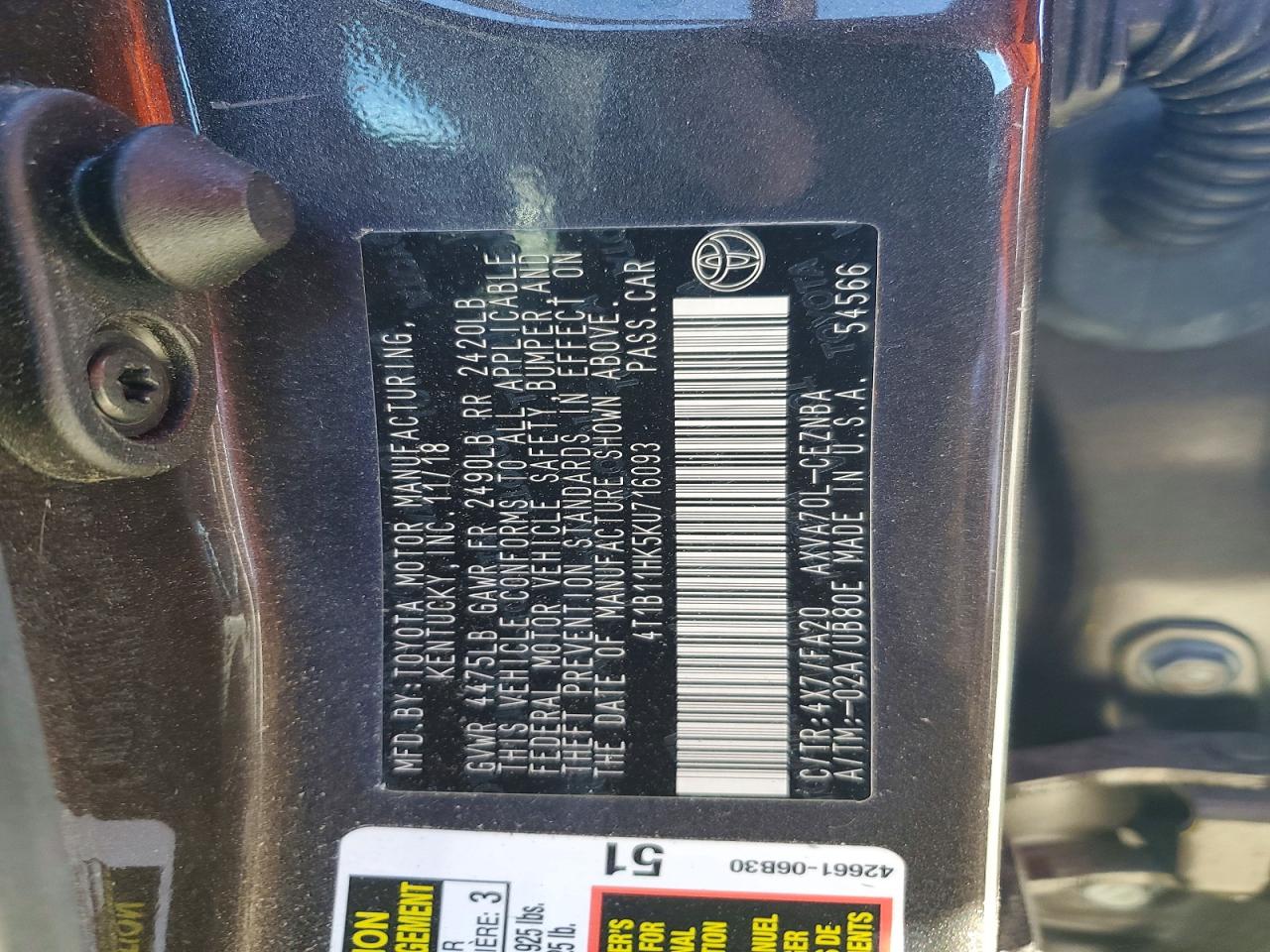 2019 TOYOTA CAMRY L photo 12