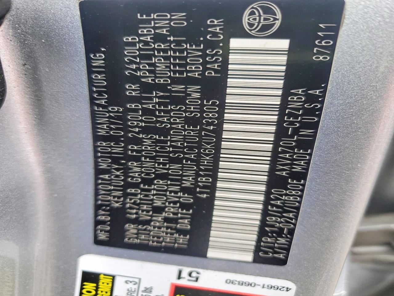 2019 TOYOTA CAMRY L photo 12