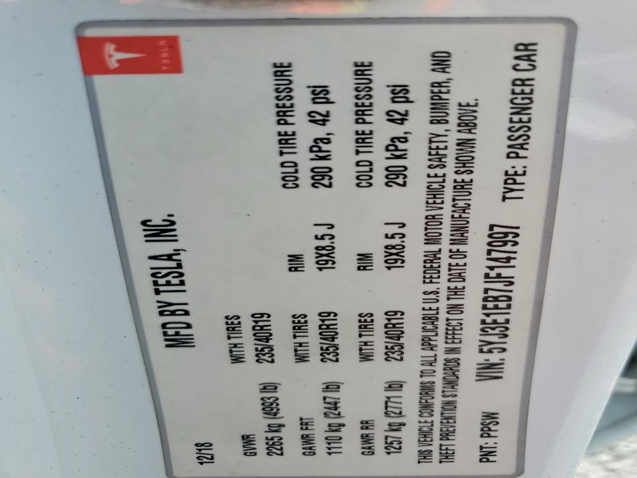 2018 TESLA MODEL 3 photo 12