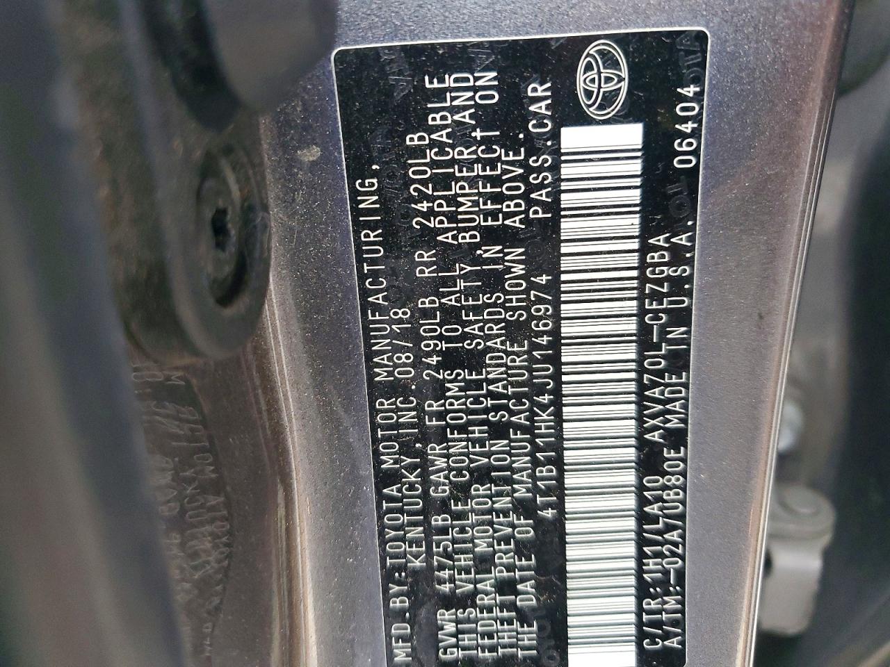 2018 TOYOTA CAMRY L photo 12