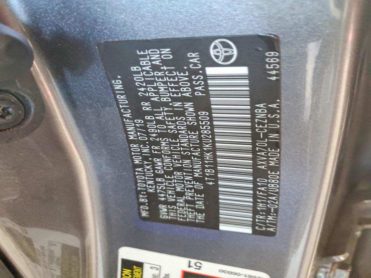 2019 TOYOTA CAMRY L photo 12