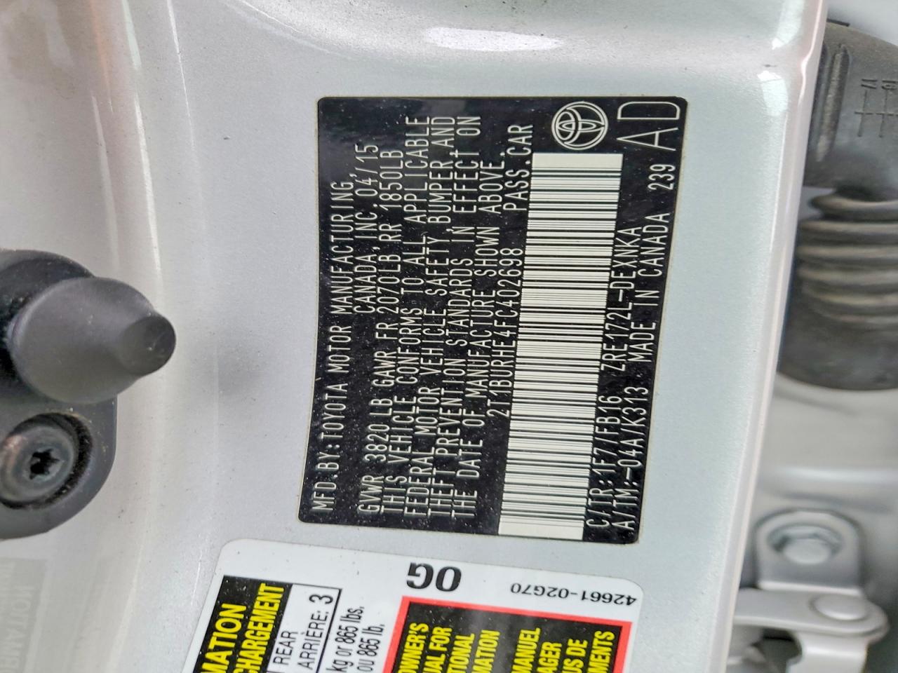 2015 TOYOTA COROLLA L photo 12