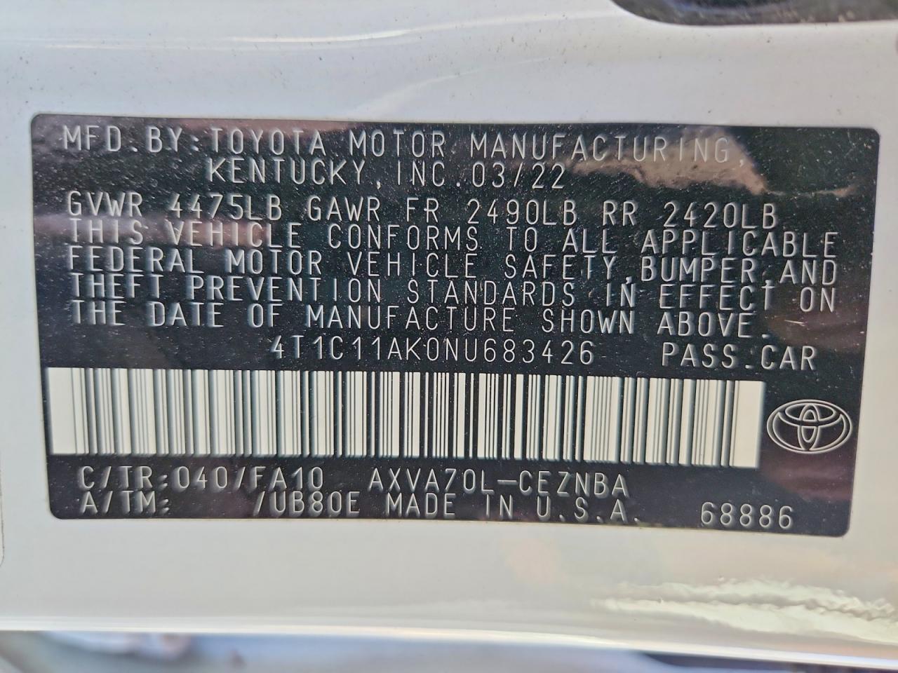 2022 TOYOTA CAMRY LE photo 12