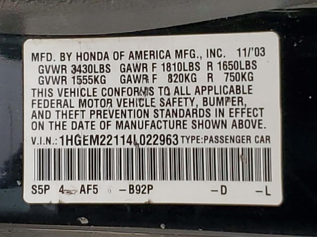 2004 HONDA CIVIC DX VP photo 12