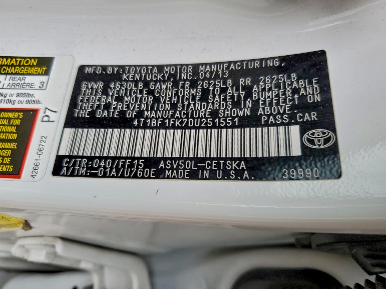 2013 TOYOTA CAMRY L photo 12