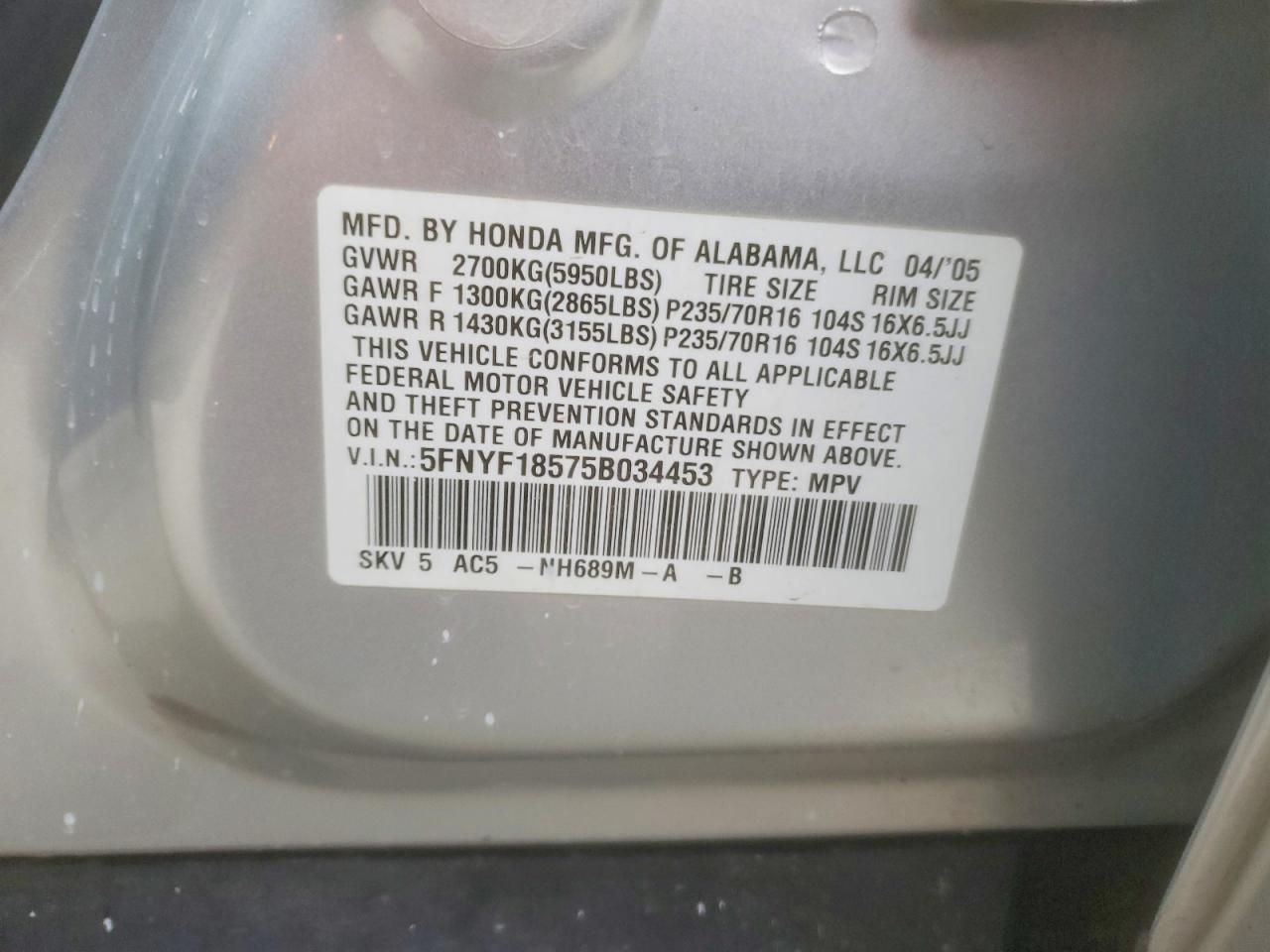 2005 HONDA PILOT EXL photo 13