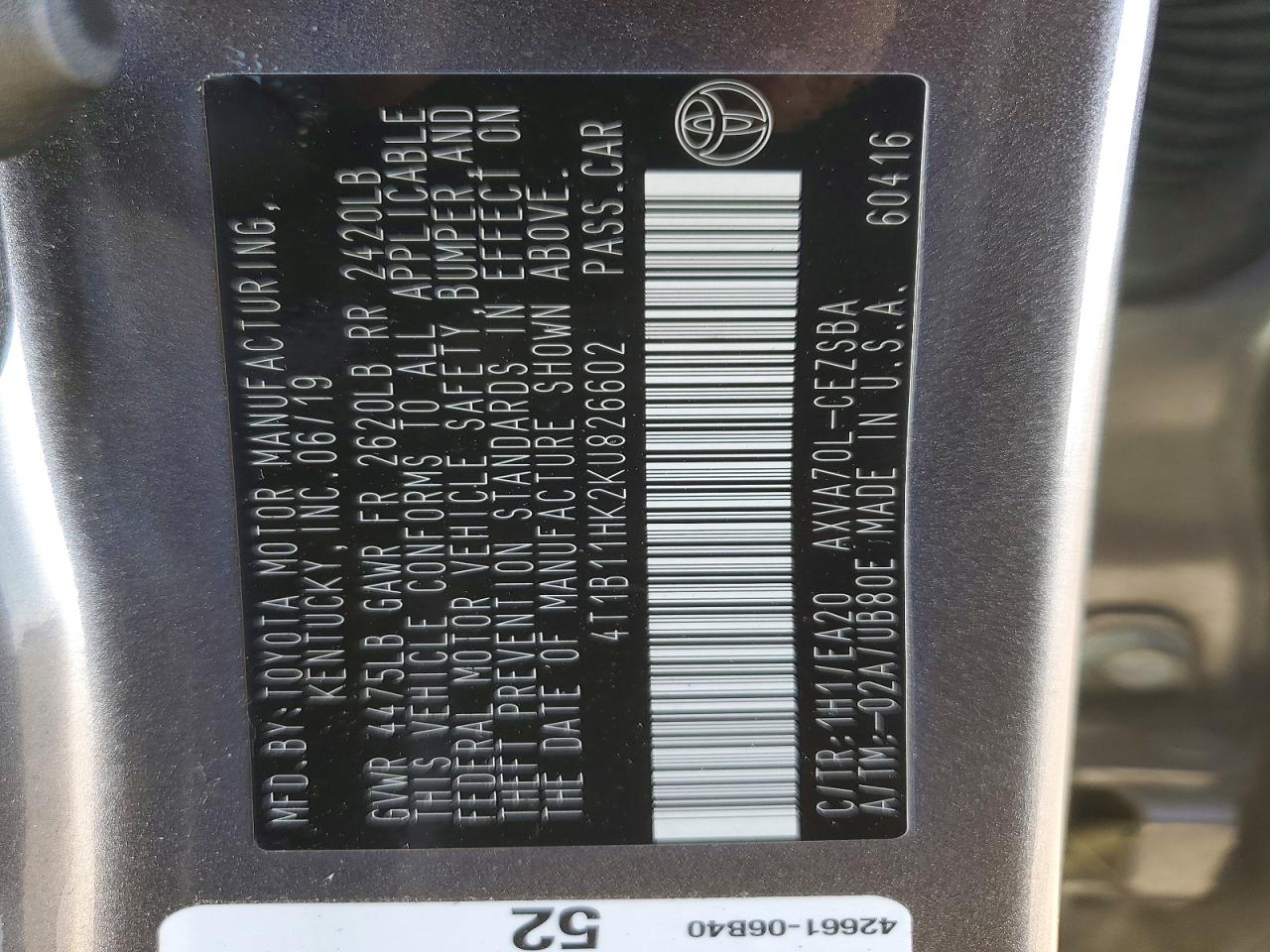 2019 TOYOTA CAMRY L photo 12