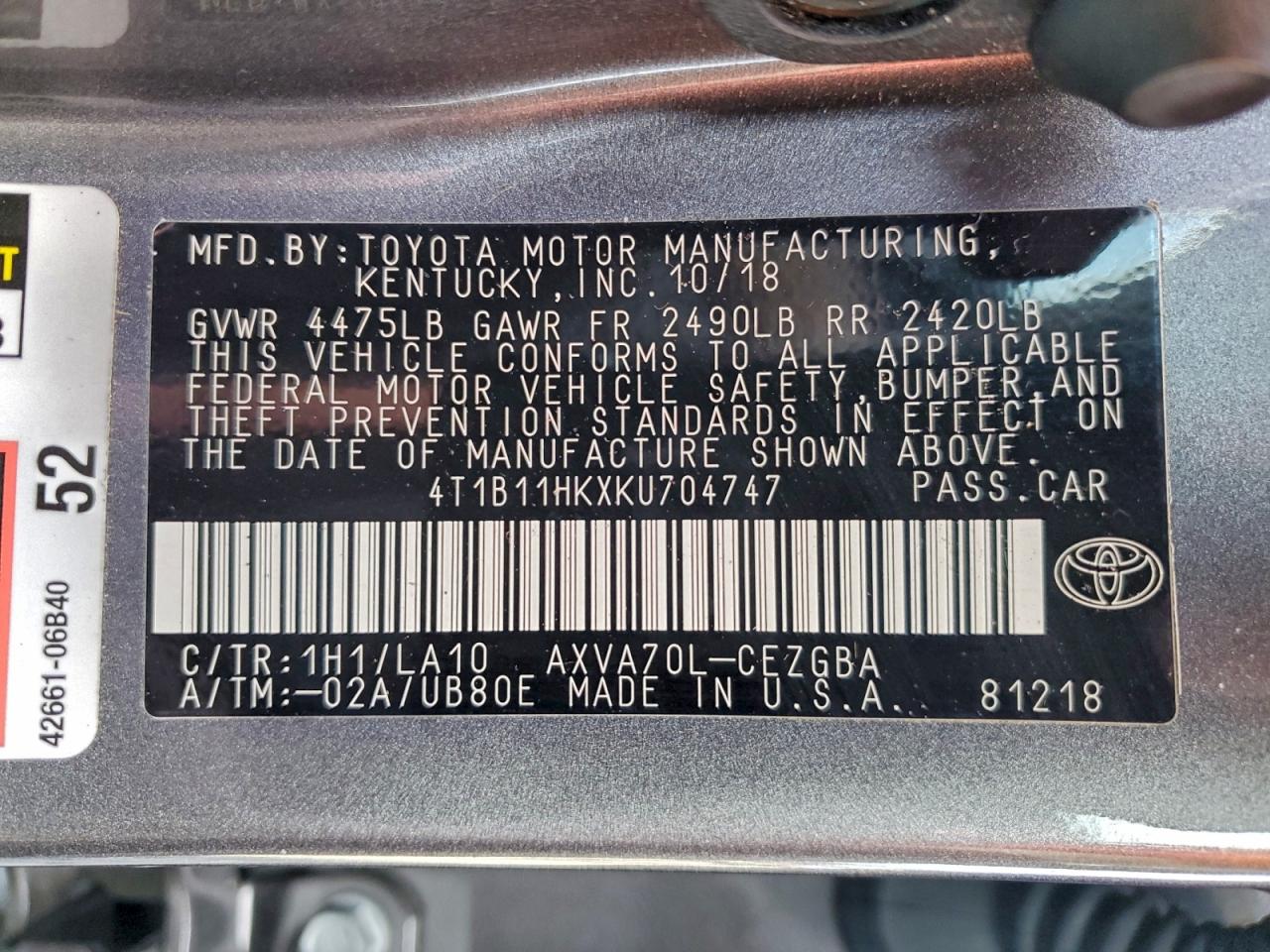 2019 TOYOTA CAMRY L photo 12