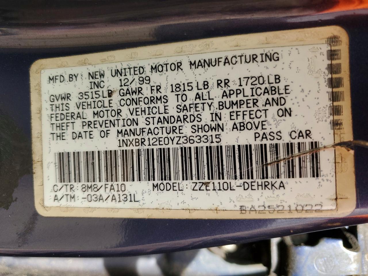 2000 TOYOTA COROLLA photo 12