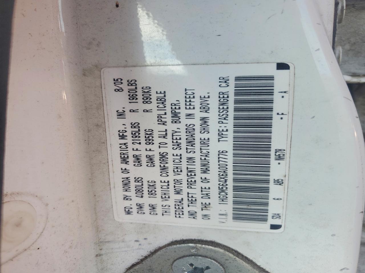 2006 HONDA ACCORD LX photo 12