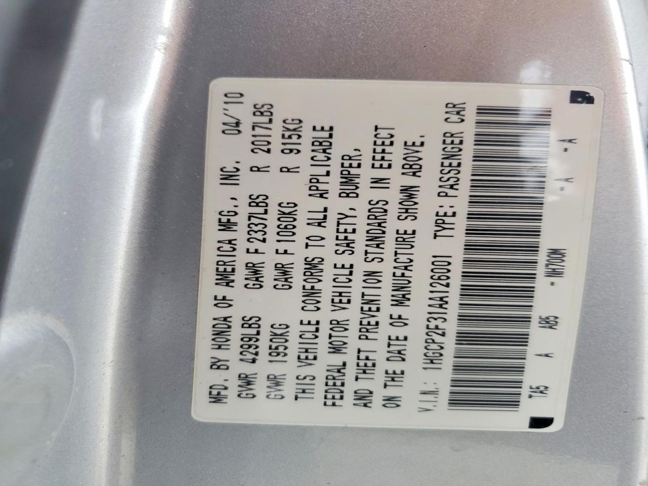 2010 HONDA ACCORD LX photo 12