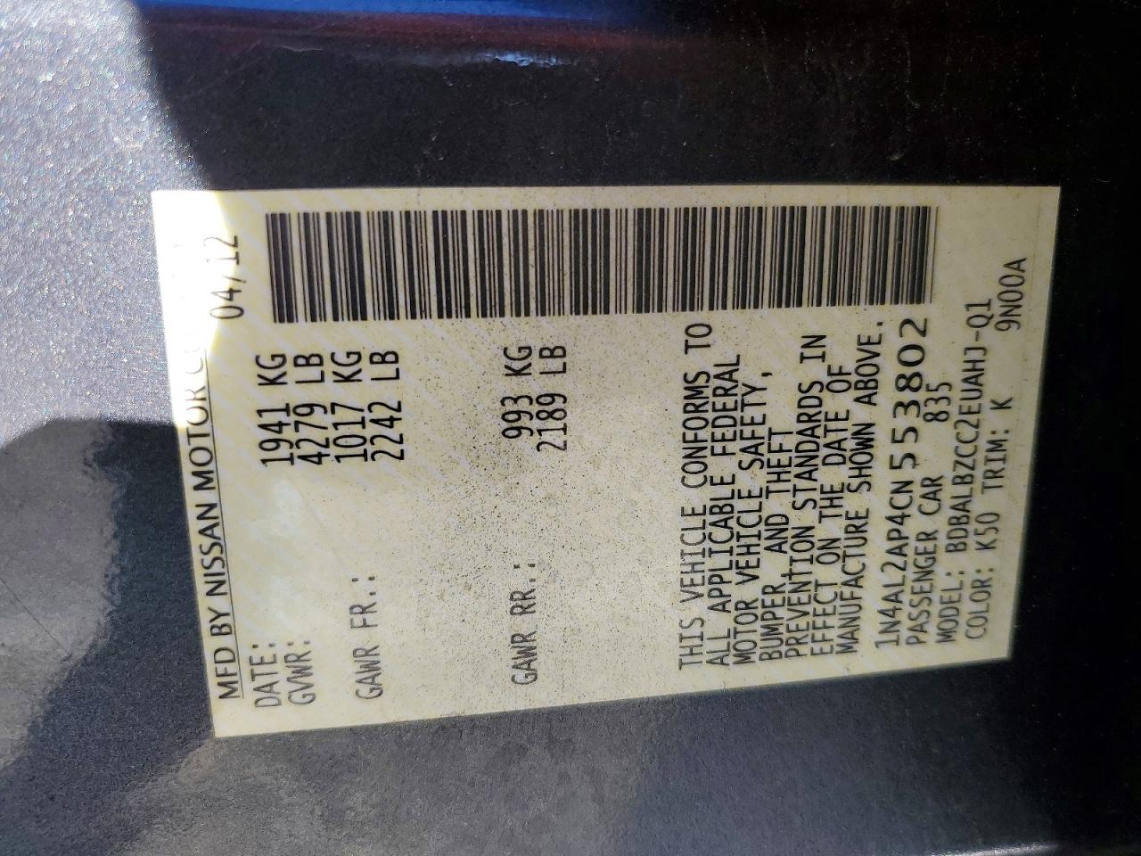 2012 NISSAN ALTIMA BASE photo 12