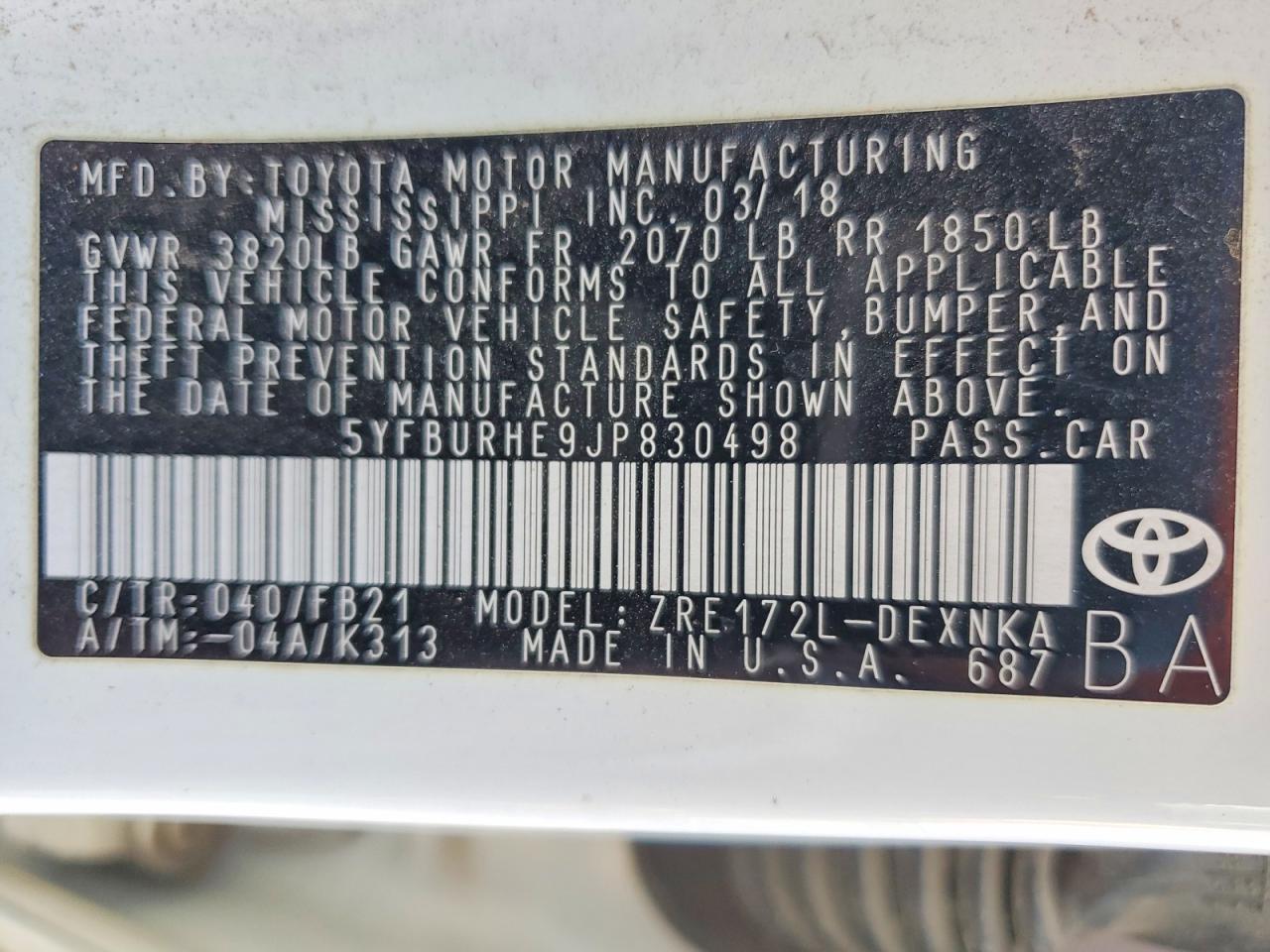 2018 TOYOTA COROLLA L photo 12