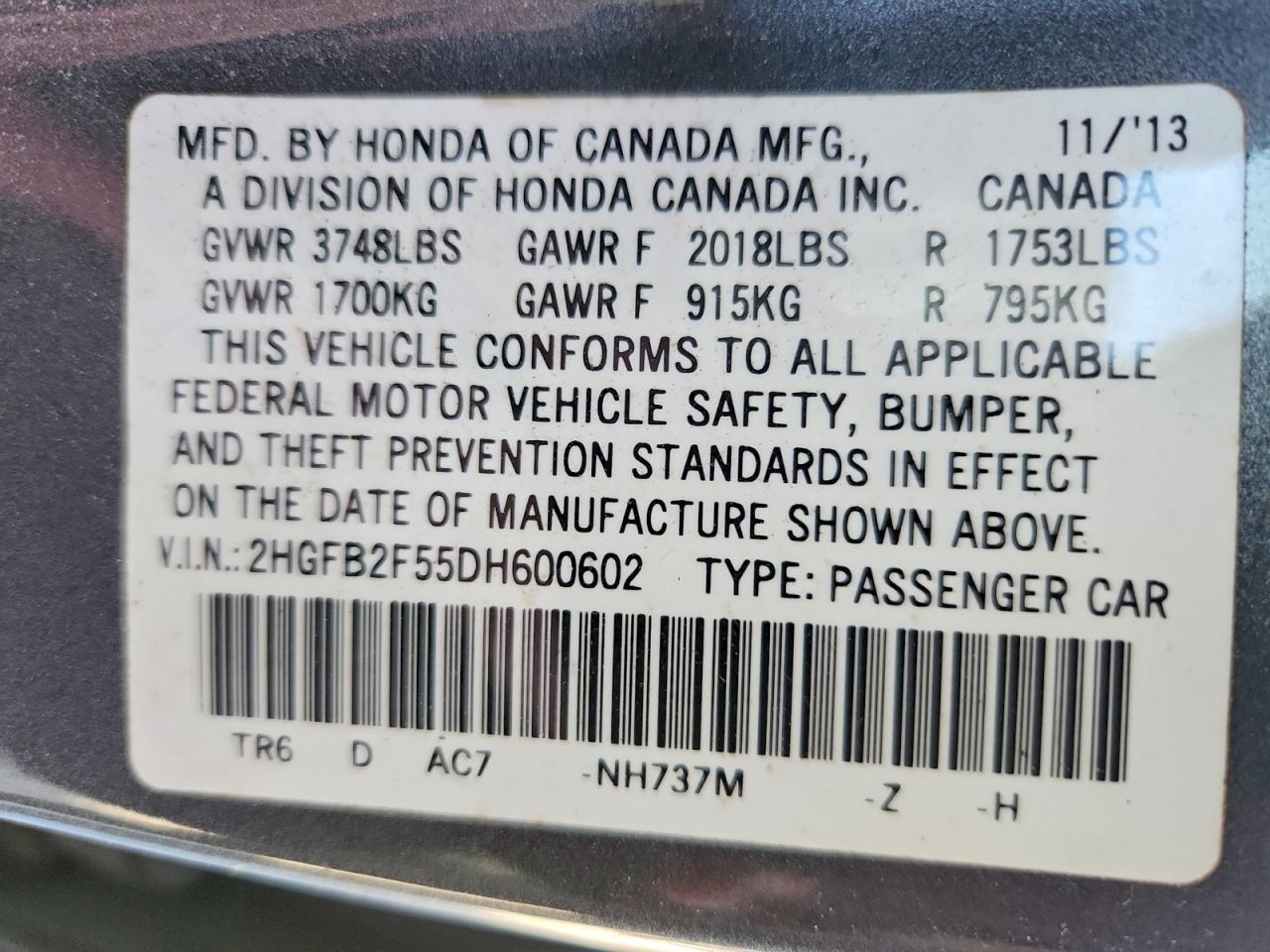 2013 HONDA CIVIC LX photo 12