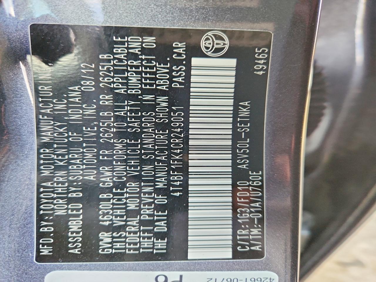 2012 TOYOTA CAMRY LE photo 12