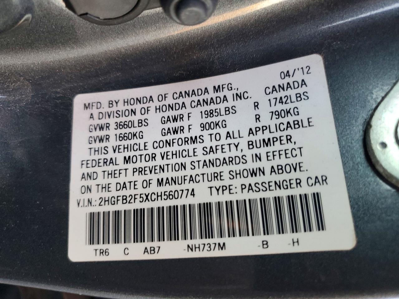 2012 HONDA CIVIC LX photo 12