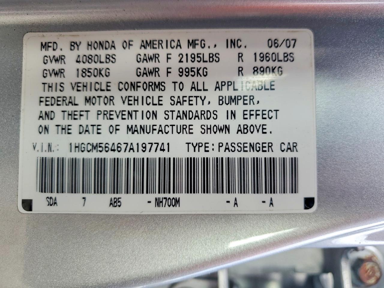 2007 HONDA ACCORD LX photo 13