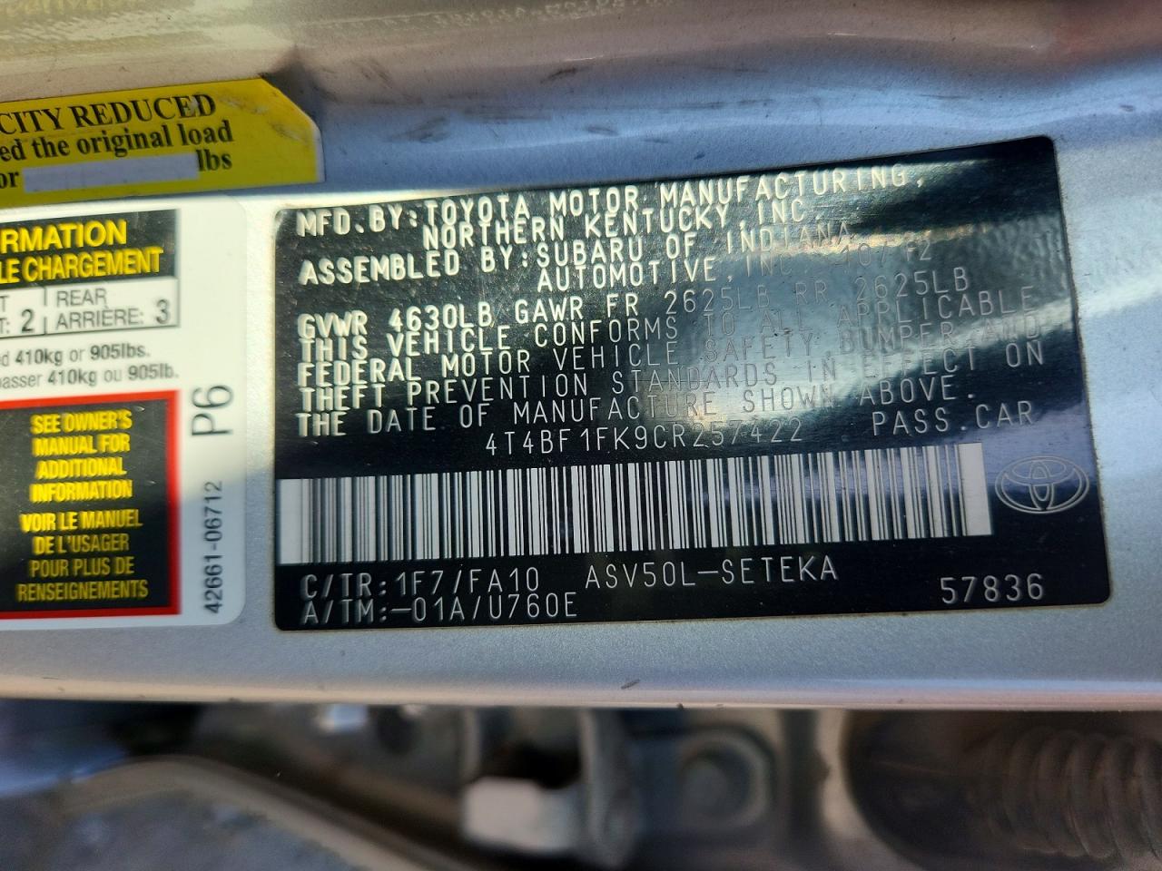 2012 TOYOTA CAMRY BASE photo 12