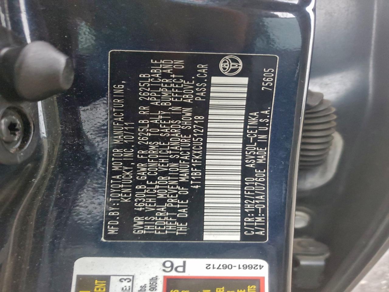 2012 TOYOTA CAMRY BASE photo 12