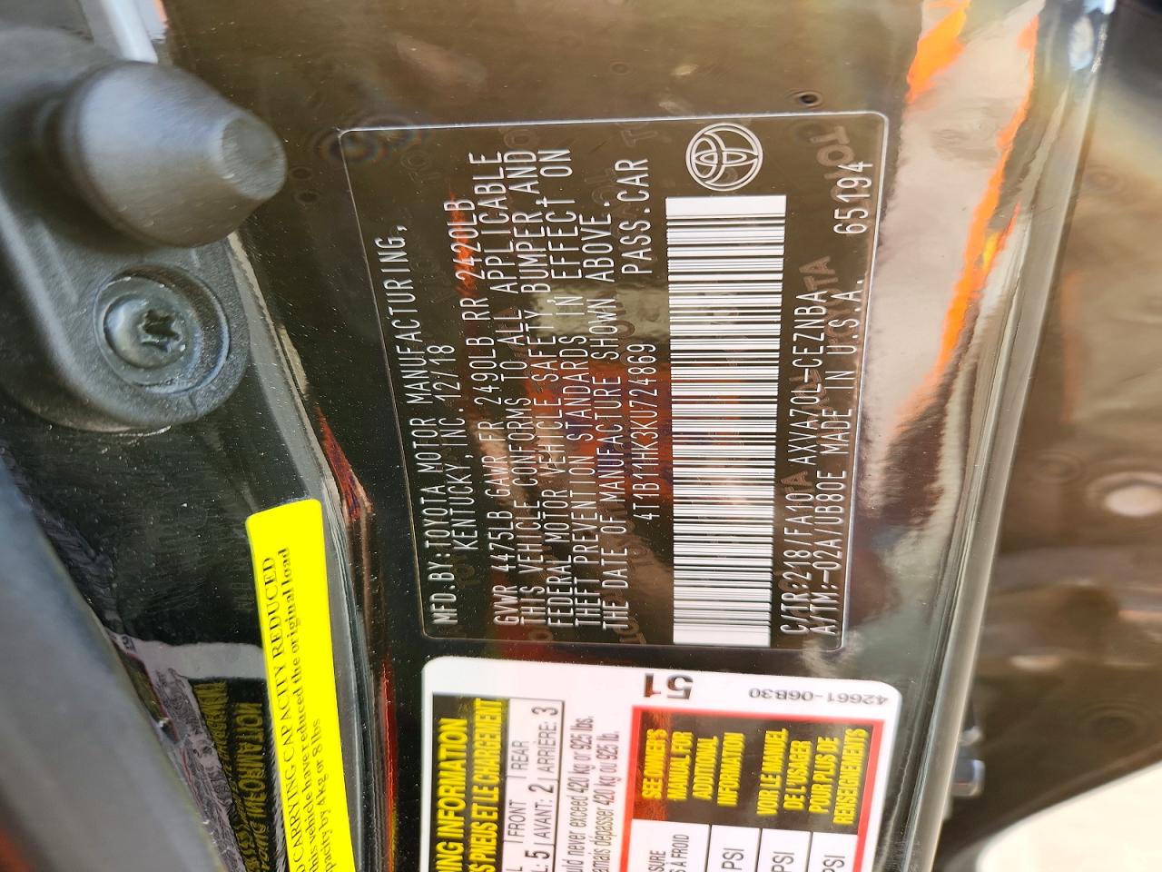 2019 TOYOTA CAMRY L photo 13