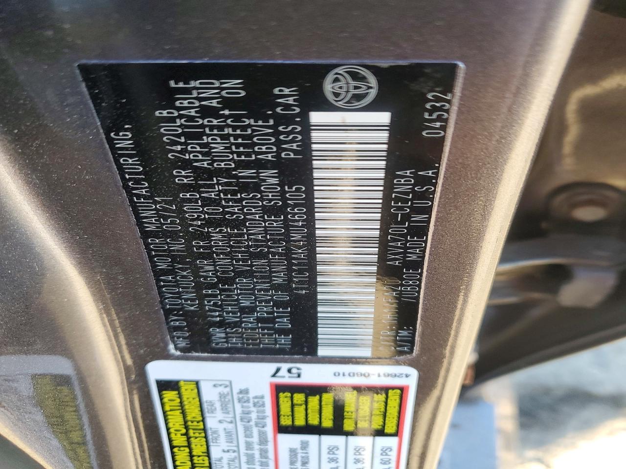 2021 TOYOTA CAMRY LE photo 12