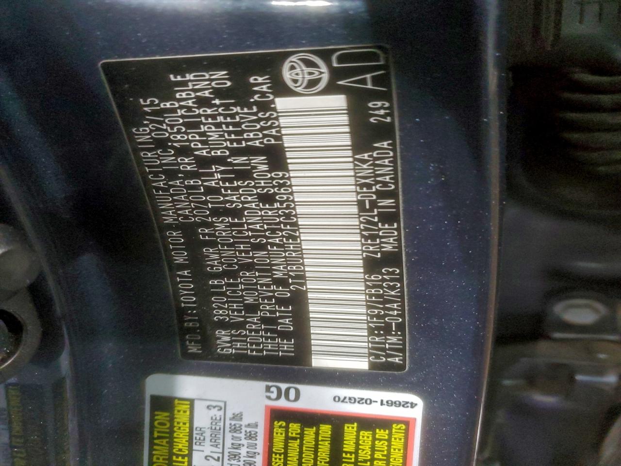 2015 TOYOTA COROLLA L photo 13