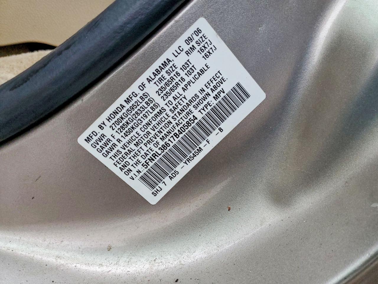 2007 HONDA ODYSSEY EXL photo 13