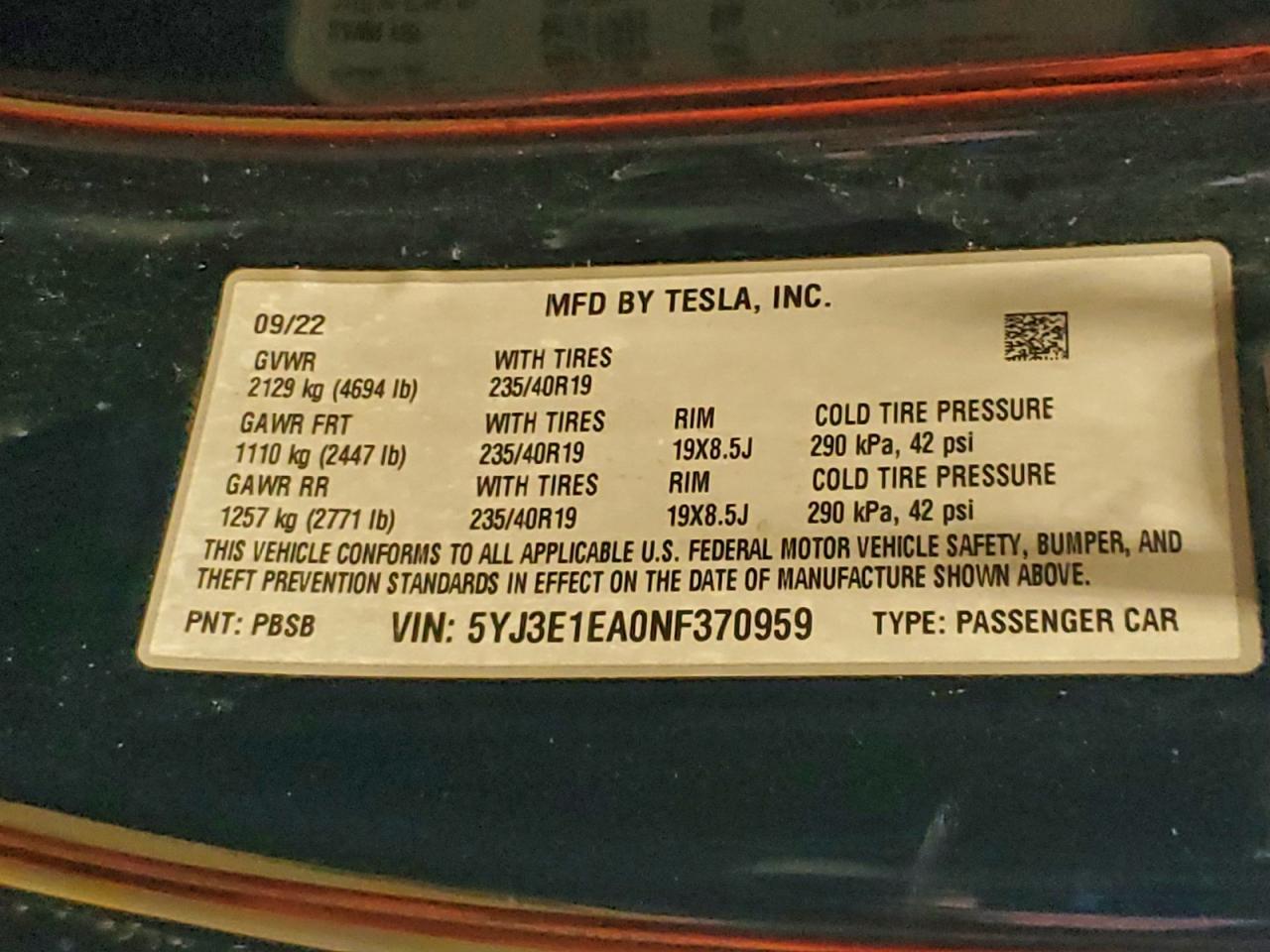 2022 TESLA MODEL 3 photo 12