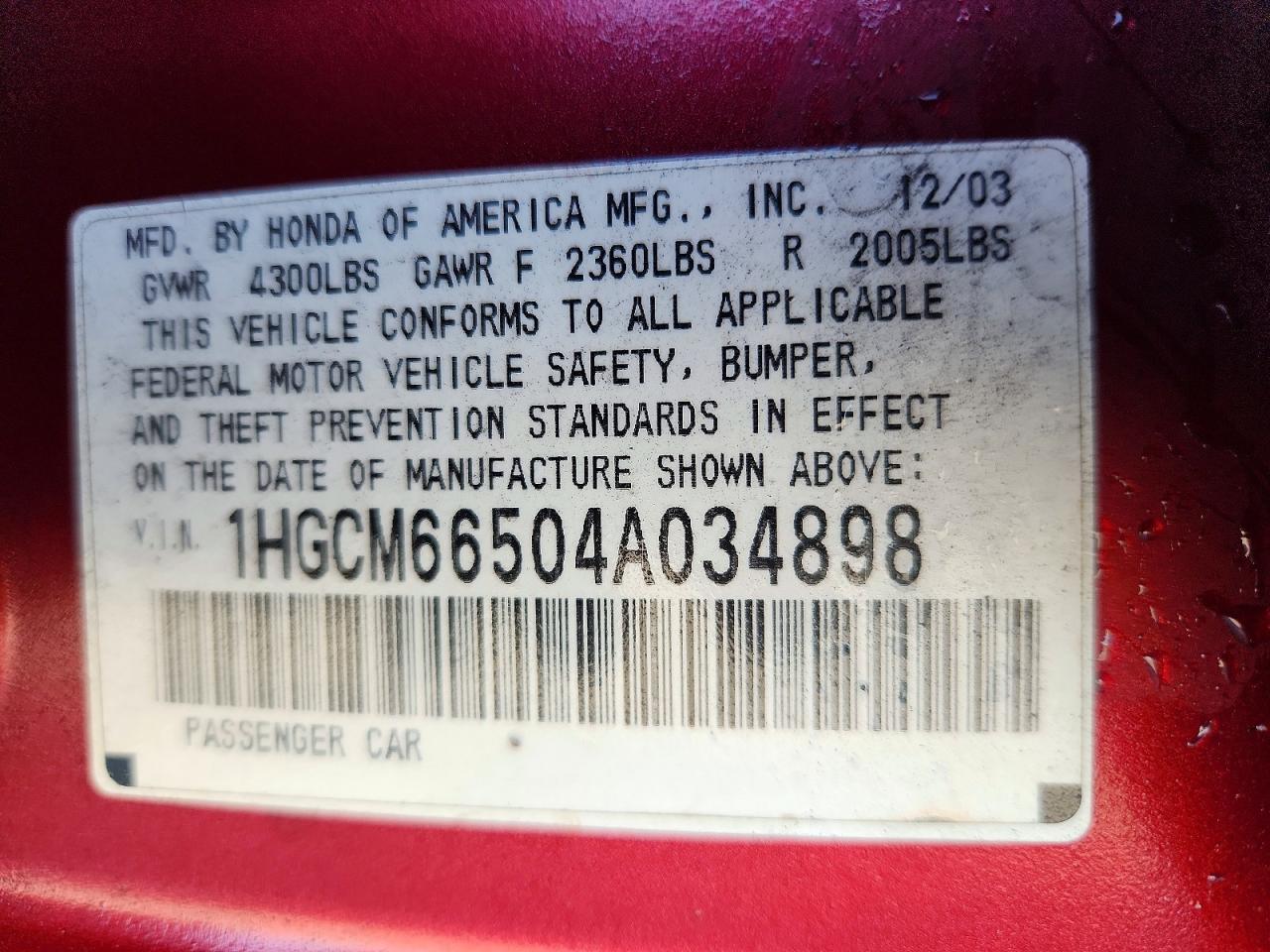 2004 HONDA ACCORD EX photo 12