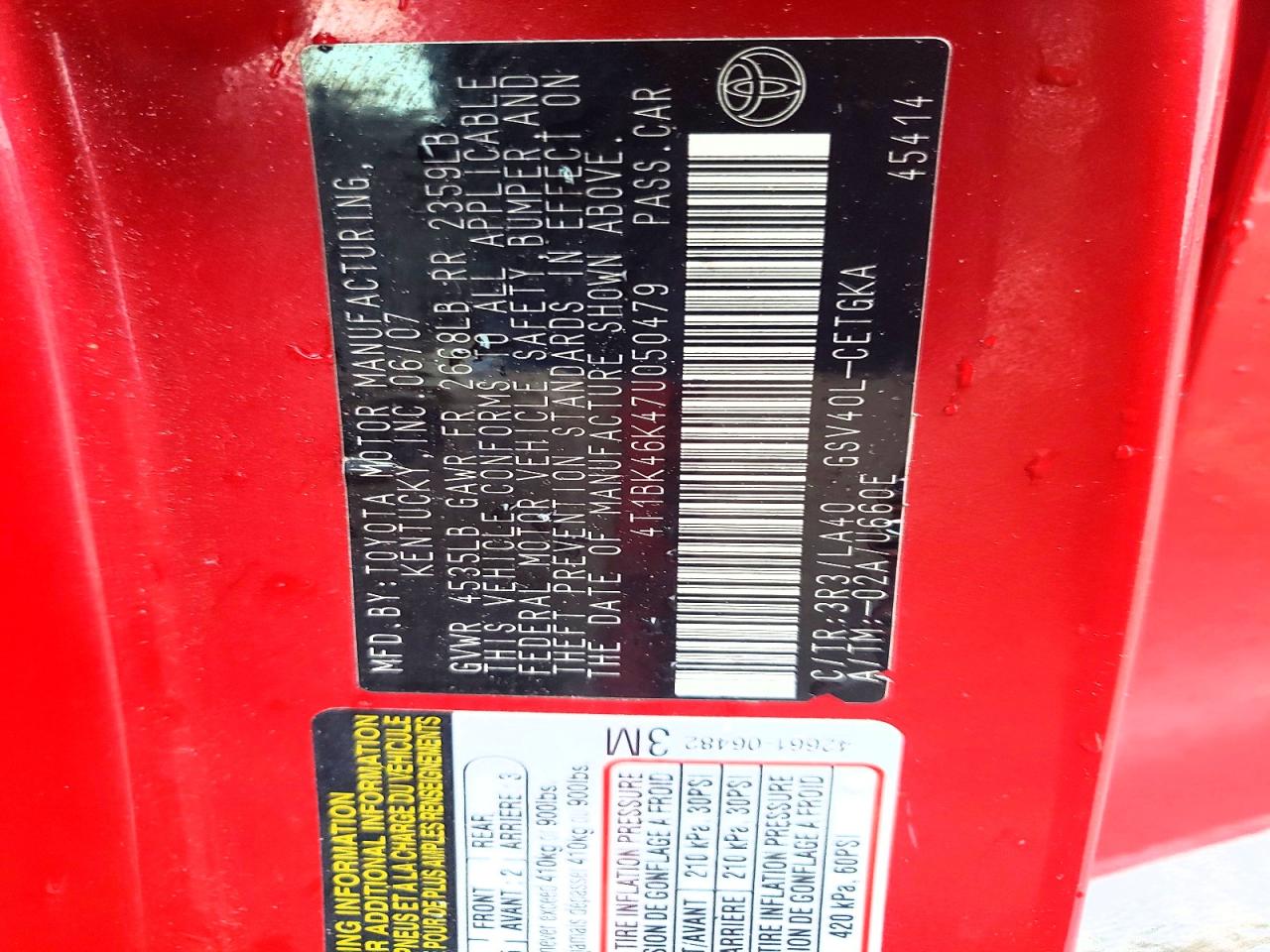 2007 TOYOTA CAMRY LE photo 12