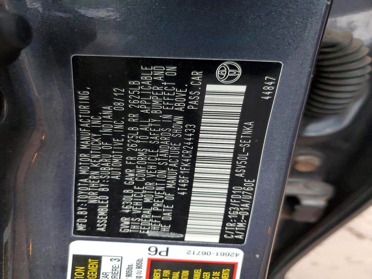 2012 TOYOTA CAMRY BASE photo 12