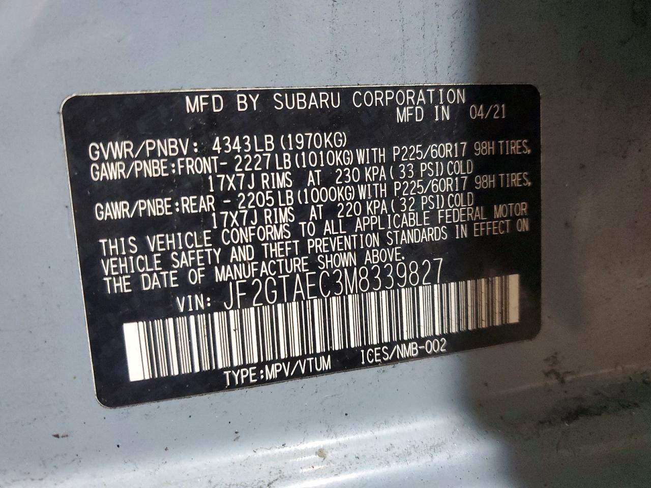 2021 SUBARU CROSSTREK PREMIUM photo 13