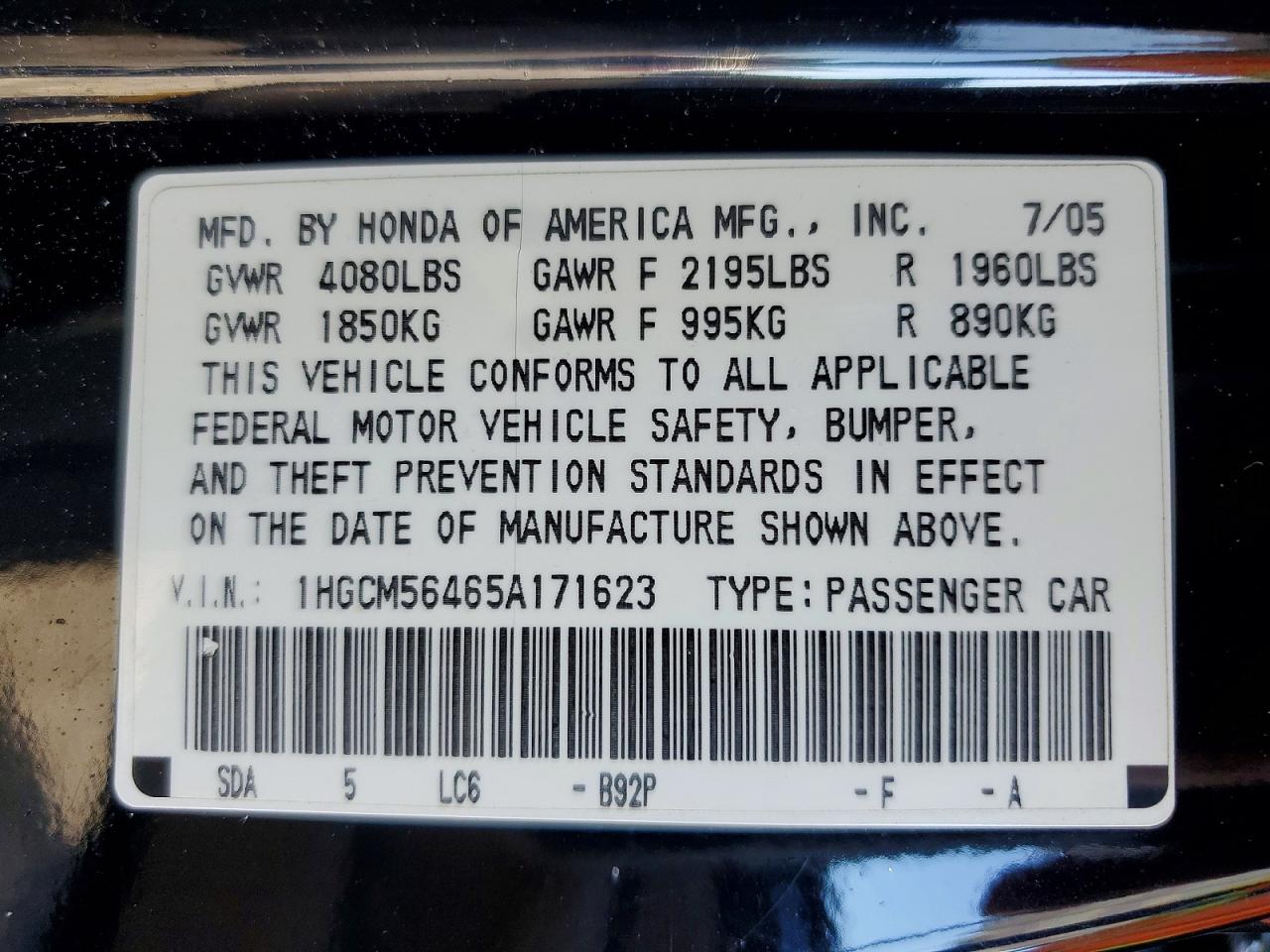 2005 HONDA ACCORD LX photo 12