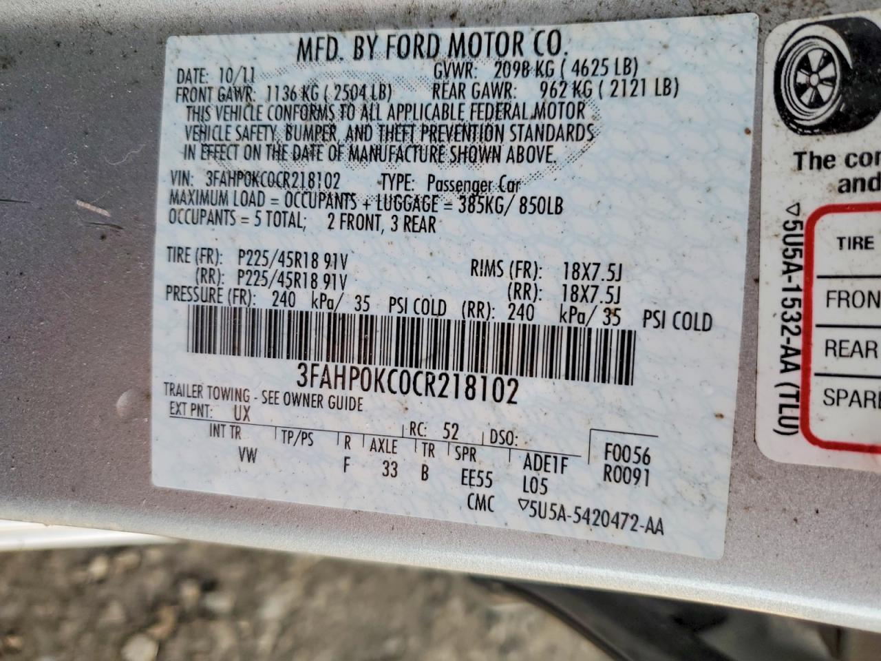 2012 FORD FUSION SPORT photo 12