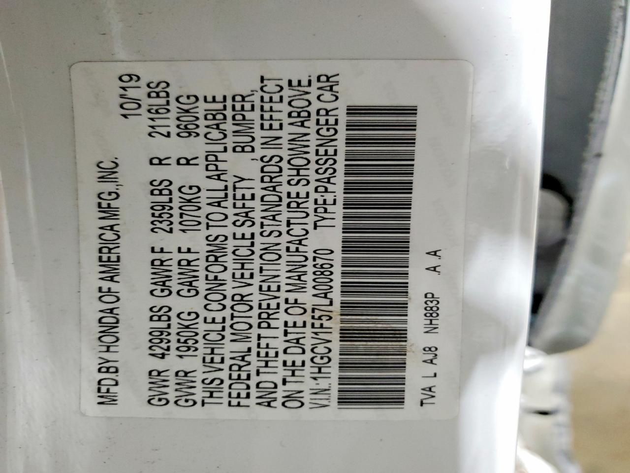 2020 HONDA ACCORD EXL photo 13