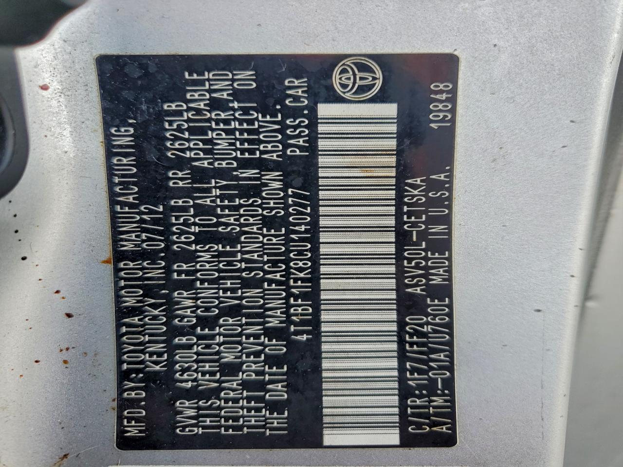2012 TOYOTA CAMRY BASE photo 12