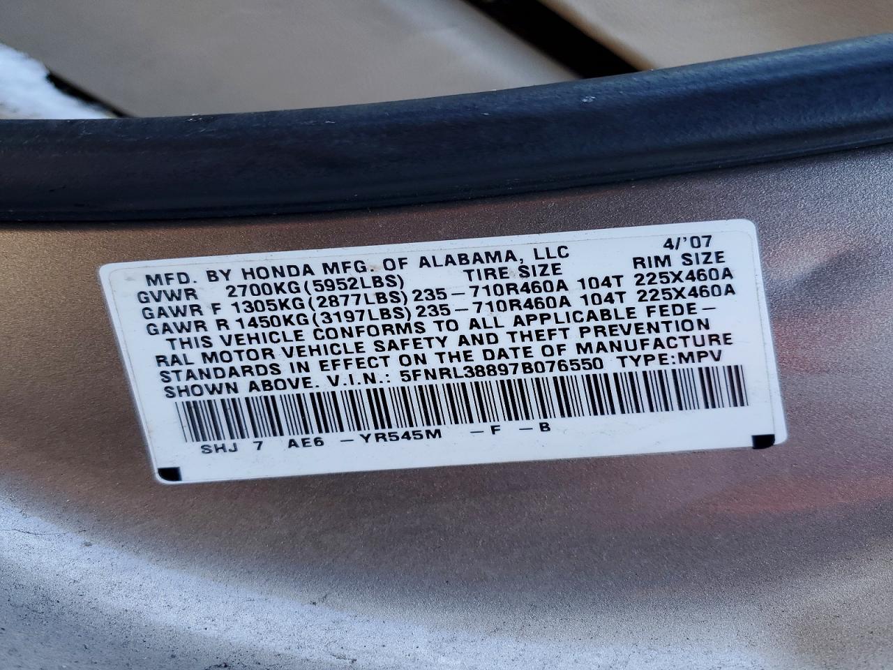 2007 HONDA ODYSSEY TOURING photo 12