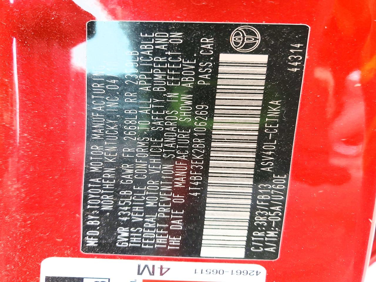 2011 TOYOTA CAMRY BASE photo 12