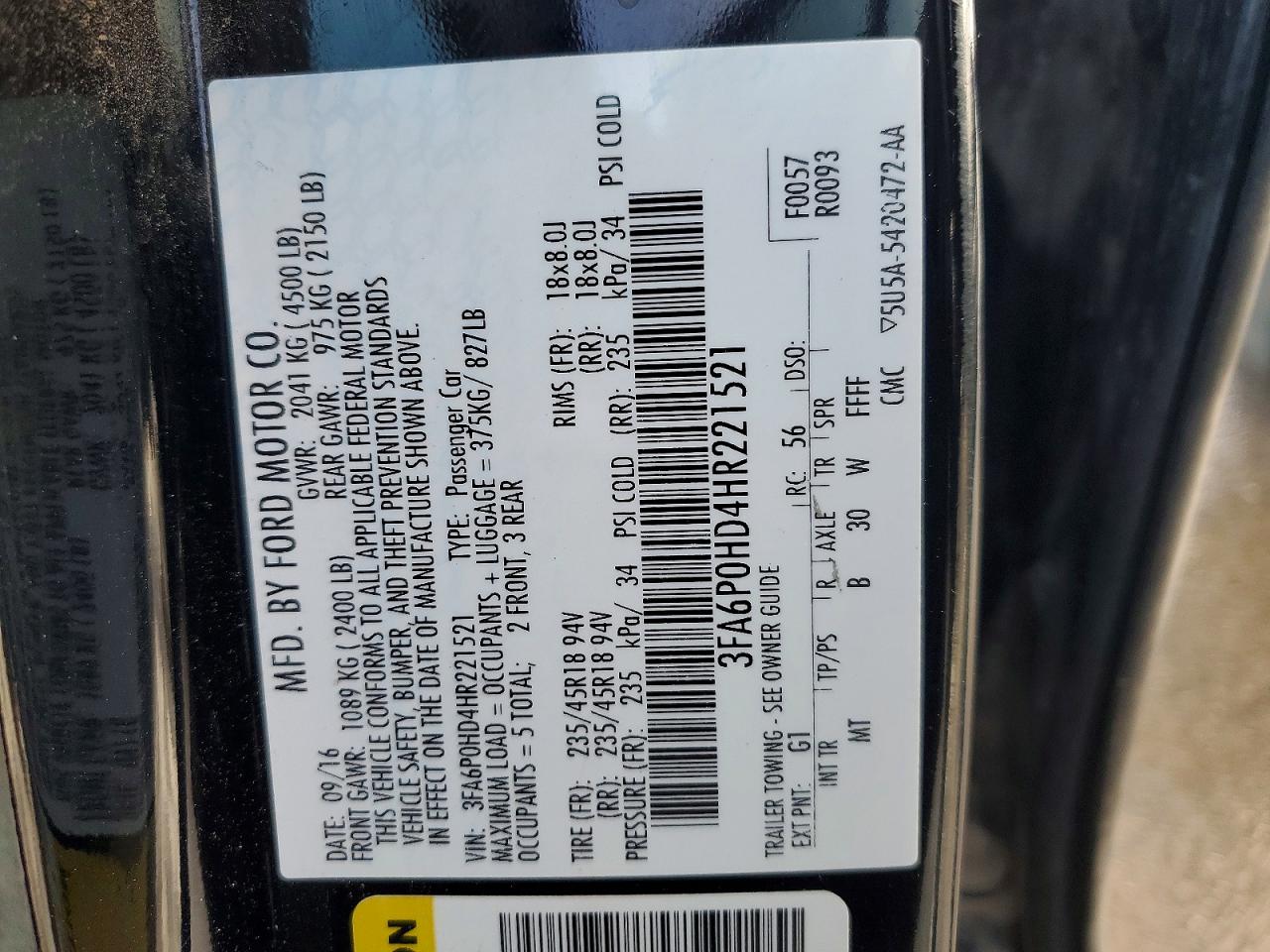 2017 FORD FUSION SE photo 12