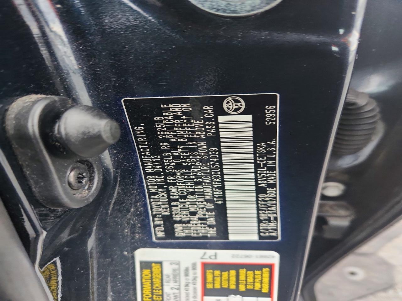 2012 TOYOTA CAMRY BASE photo 12