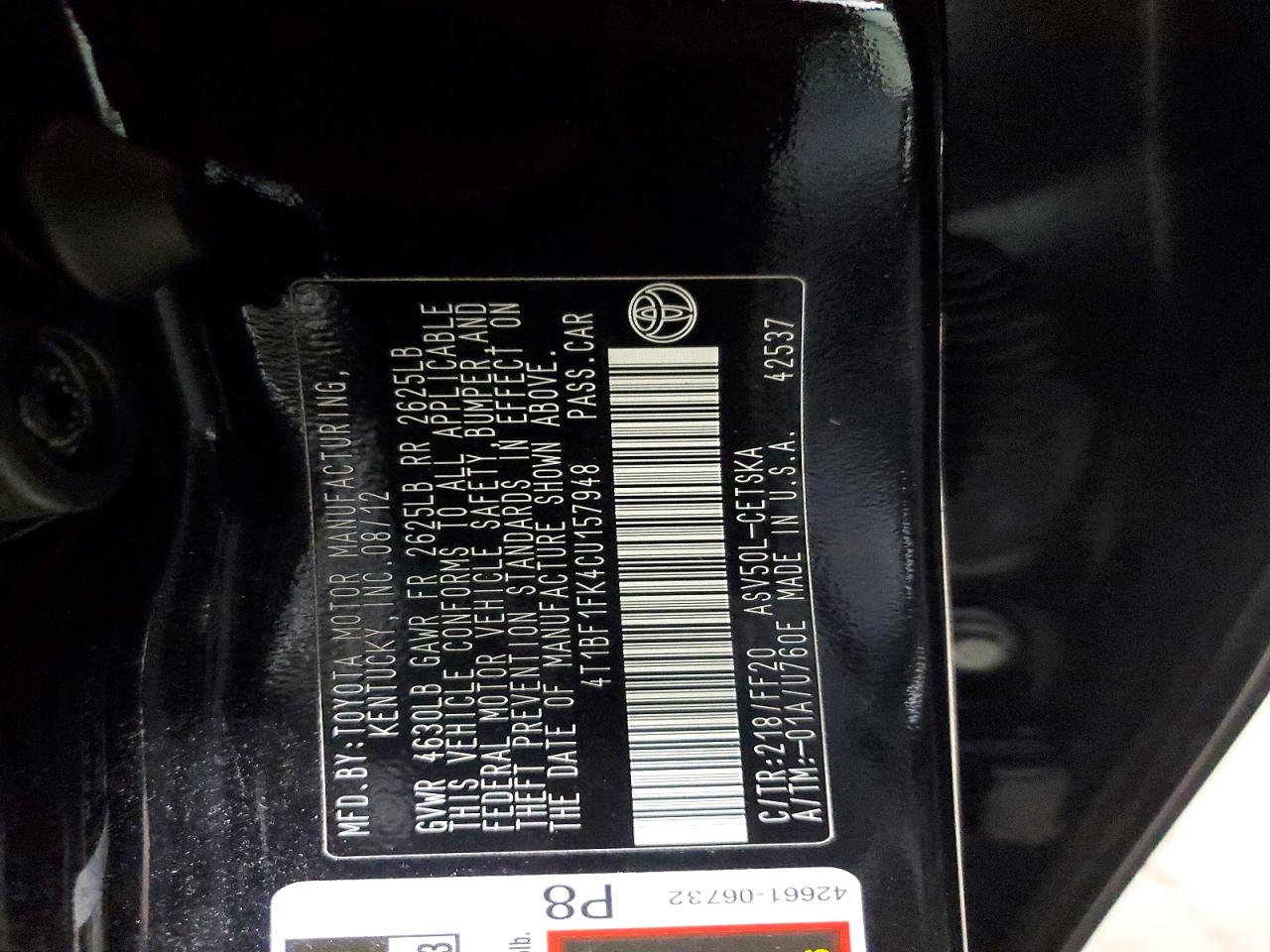 2012 TOYOTA CAMRY BASE photo 12