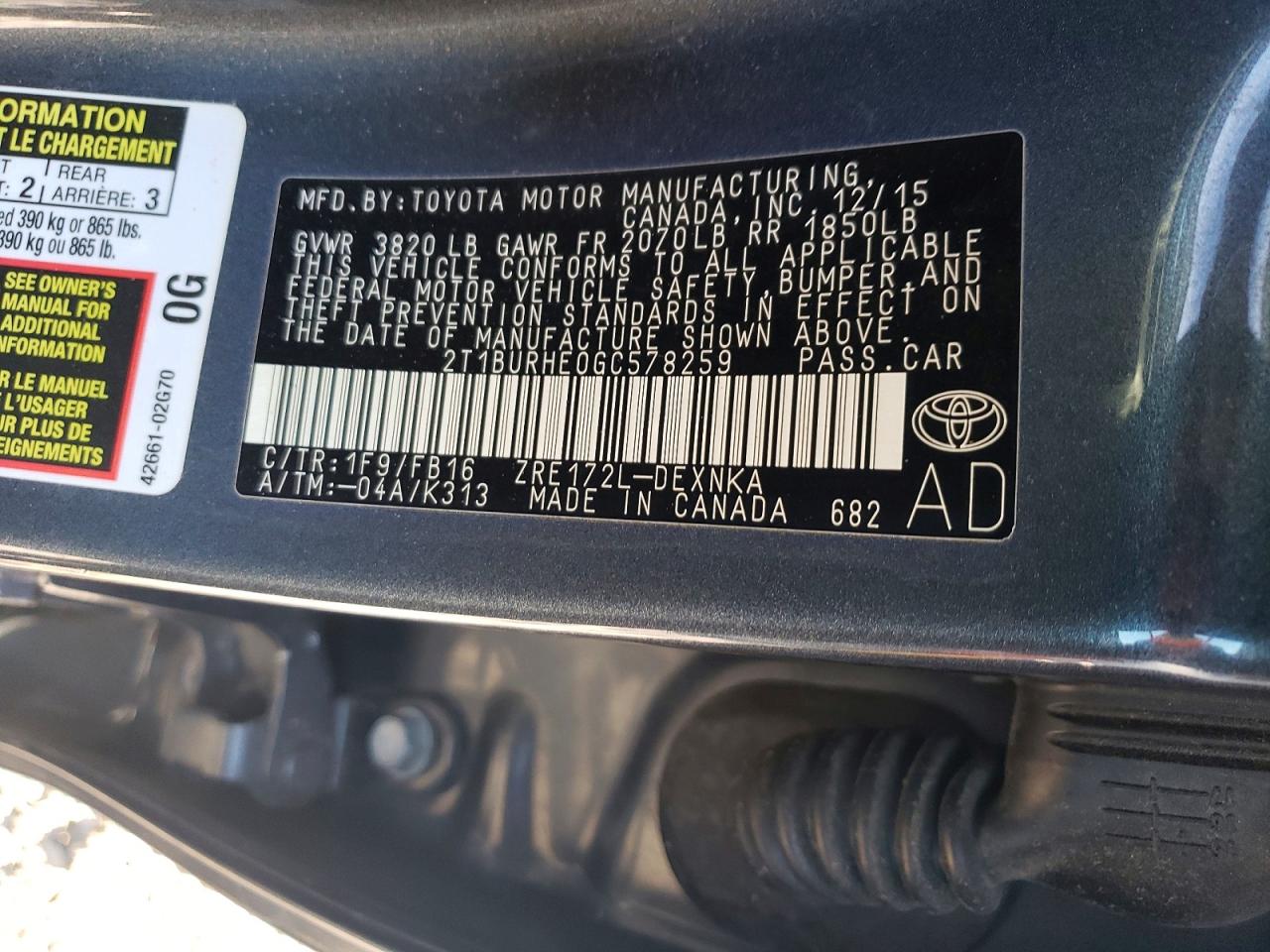 2016 TOYOTA COROLLA L photo 12