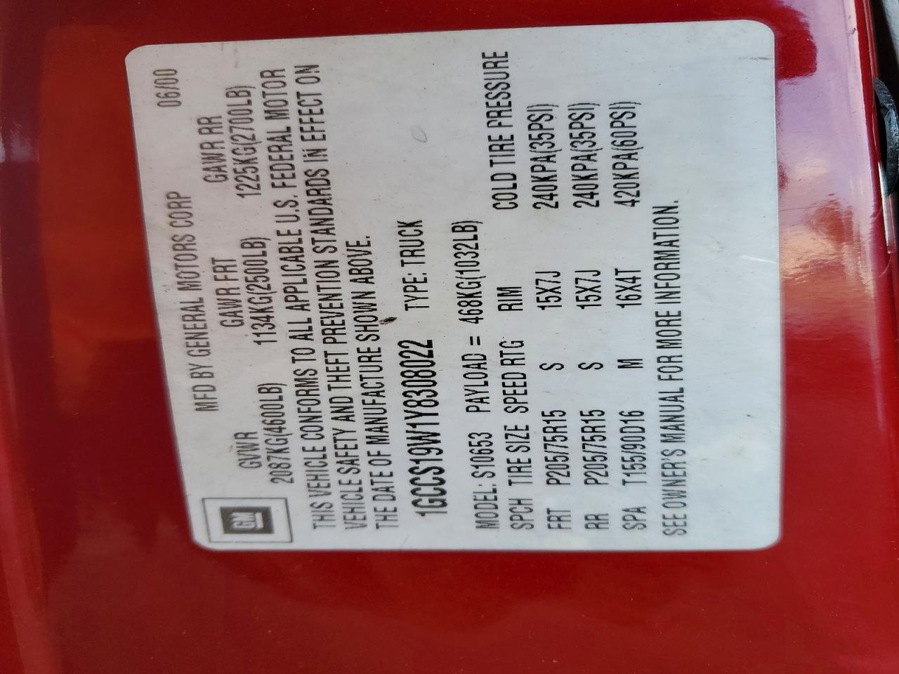 2000 CHEVROLET S TRUCK S10 photo 12