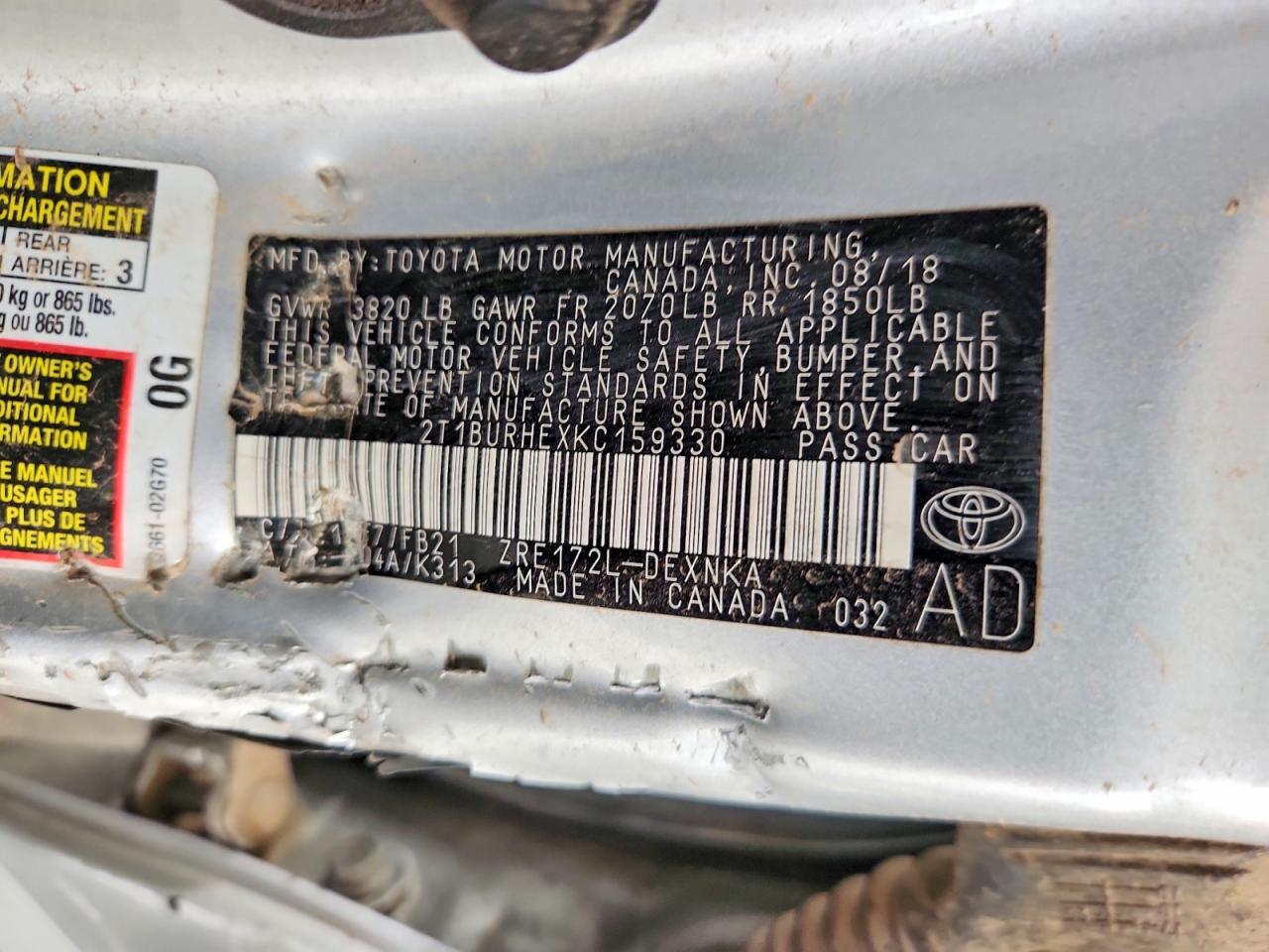 2019 TOYOTA COROLLA L photo 12