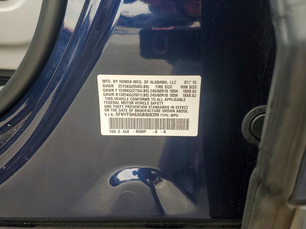 2016 HONDA PILOT EXL photo 25