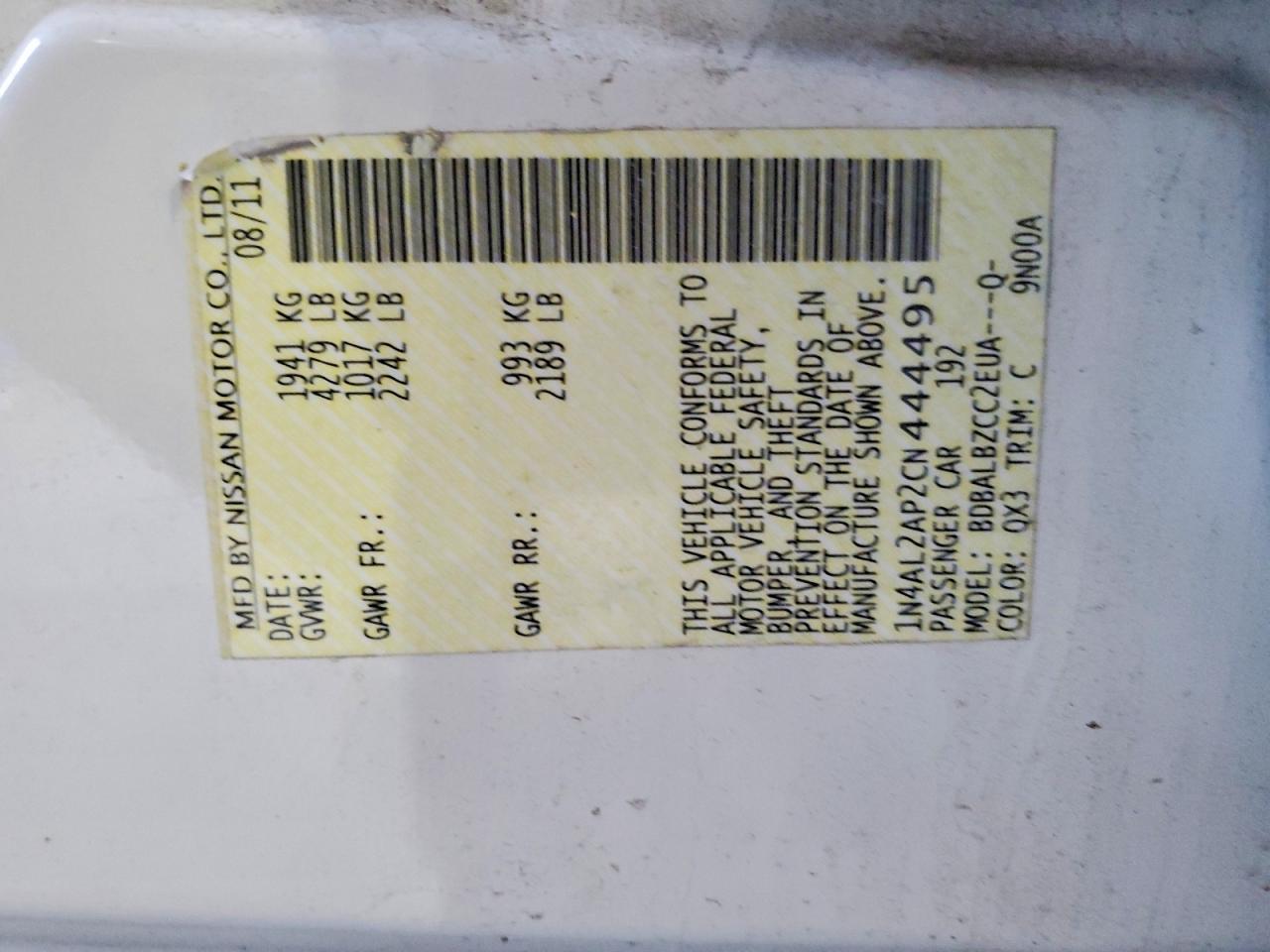 2012 NISSAN ALTIMA BASE photo 12